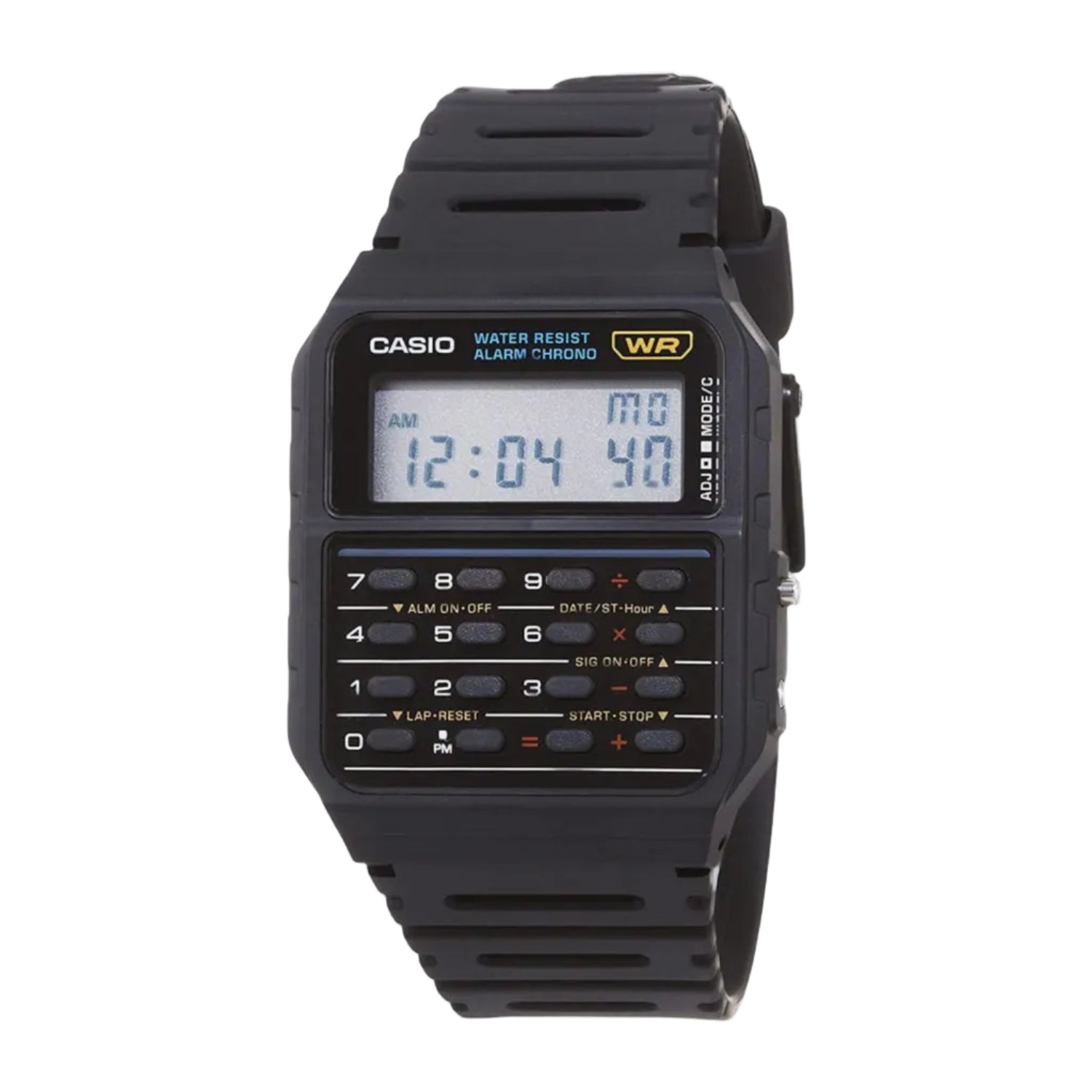 Black Casio digital watch with calculator functions on a white background