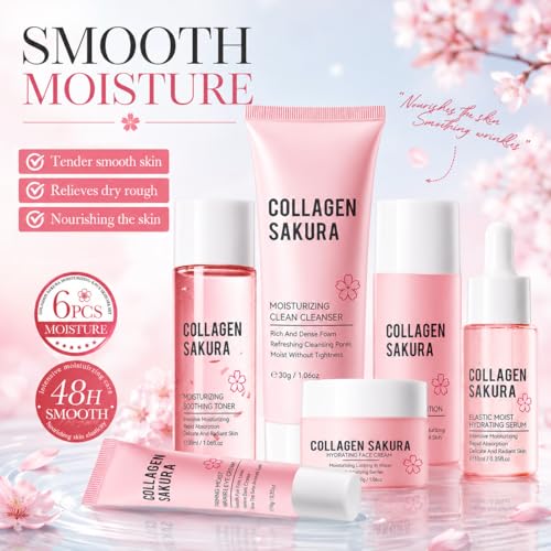 Collagen Sakura Skincare Travel Kit, 6-Piece Facial Care Set - Product Imagery