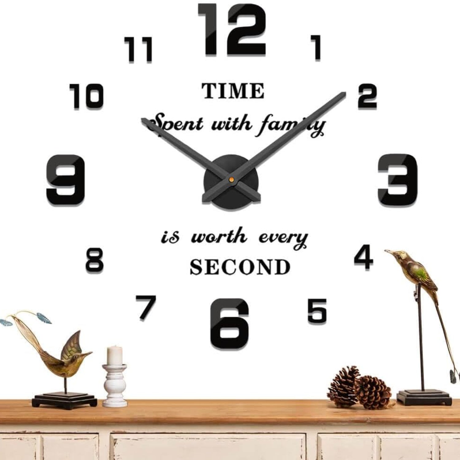 Mintime modern frameless DIY wall clock with large 3D mirror numbers, suitable for home or office wall decoration.