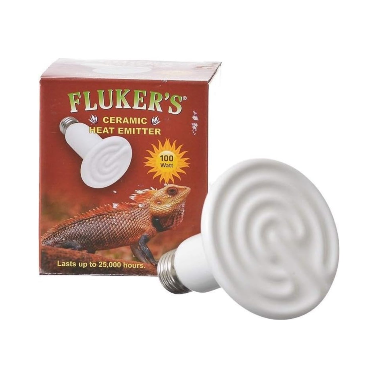 Fluker's 100W ceramic heat emitter for reptiles, natural infrared heating bulb, in a white ceramic housing.