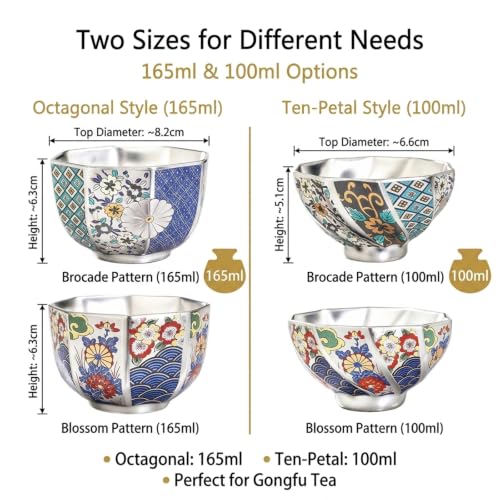 999 Pure Silver Chinese Gongfu Tea Cup, Enamel Floral Ceramic - Product Imagery
