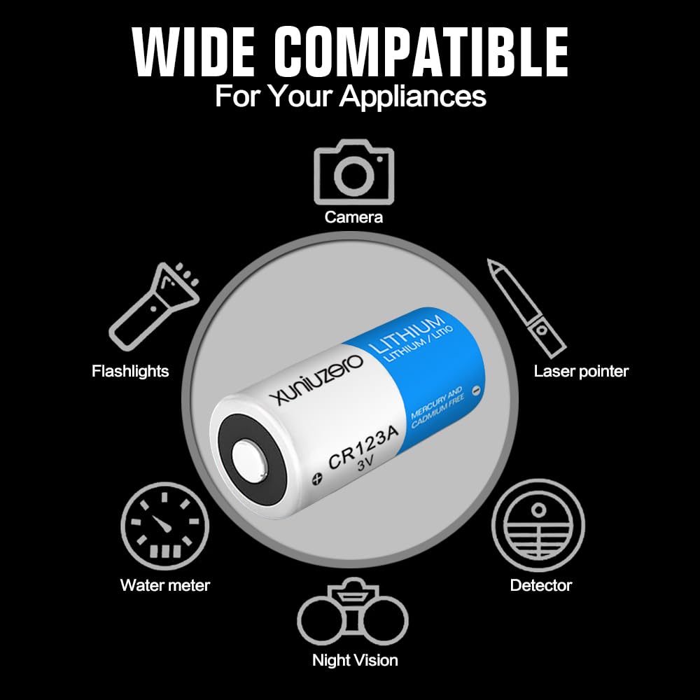 XUNIUZERO CR123A 3V lithium batteries 6-pack, compact batteries with 10-year shelf life, shown in black packaging.