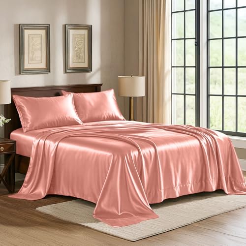 Satin Sheets Twin [3-Piece, Blush Pink] Hotel Luxury Silky Bed - Product Imagery
