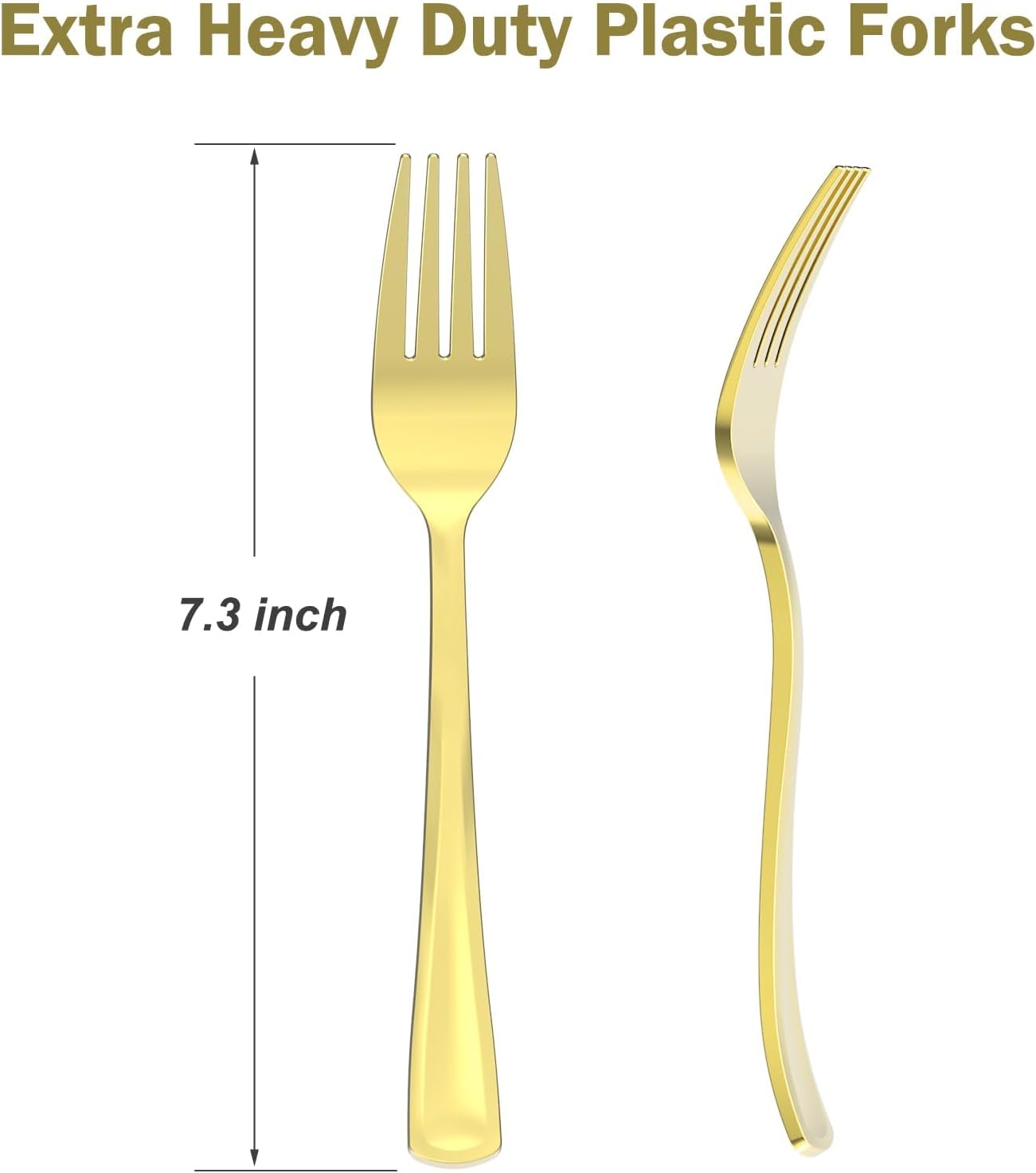 Set of 100 Dealusy heavy-duty gold plastic forks, BPA-free disposable cutlery for parties and events.