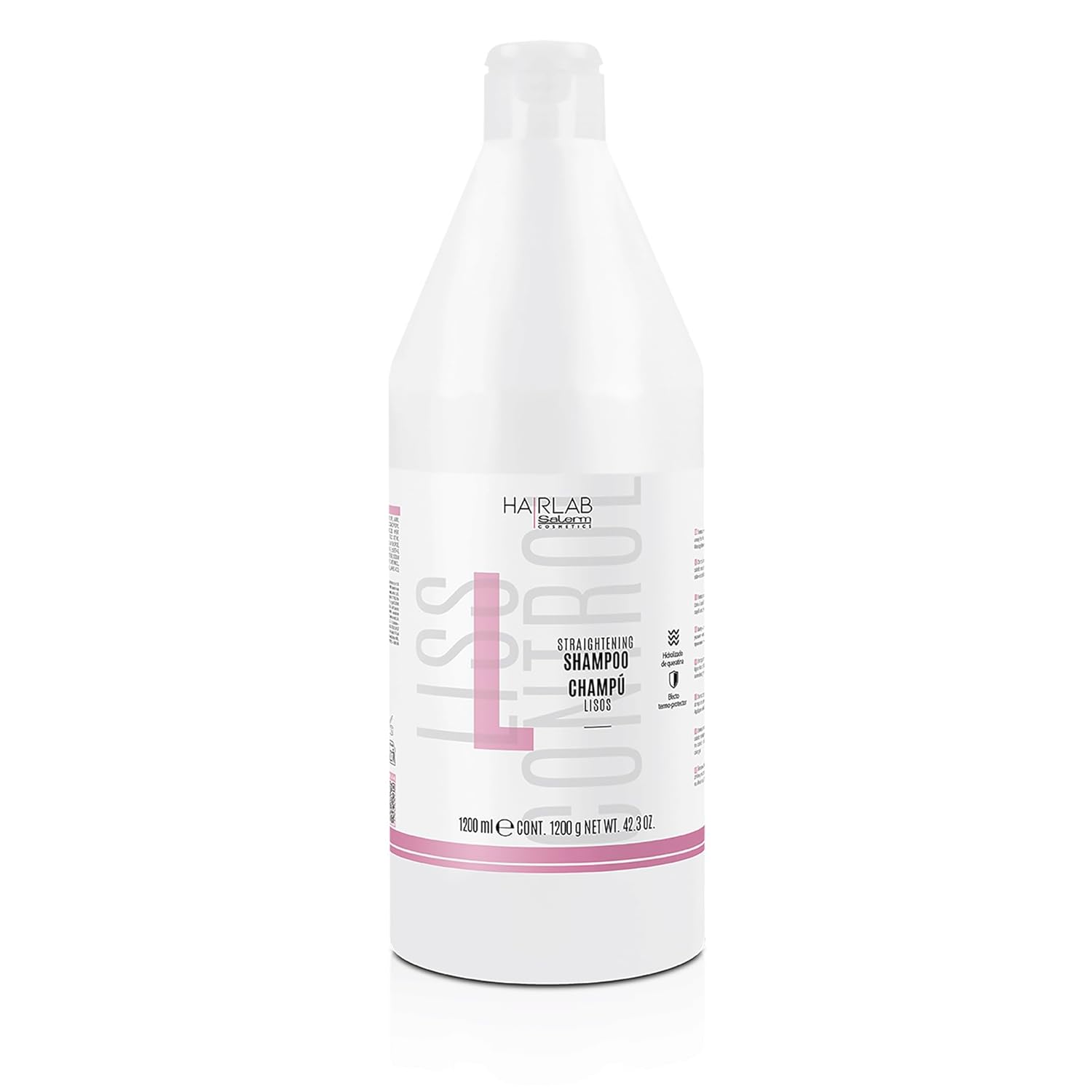 Salerm Straightening Shampoo for unisex, 42.3 oz, with sleek bottle and label, designed for smooth, straight hair.