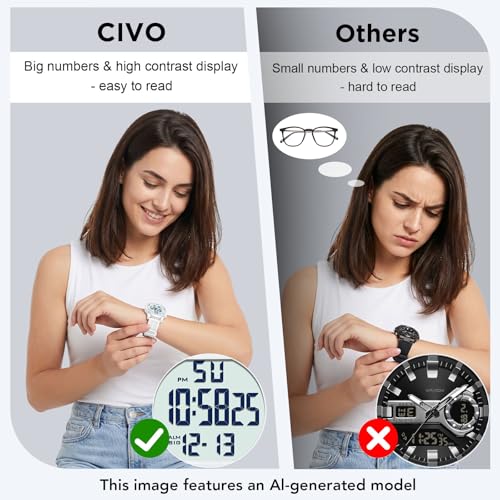 CIVO Digital Watches for Women Men: 44mm Large Dial Waterproof - Product Imagery