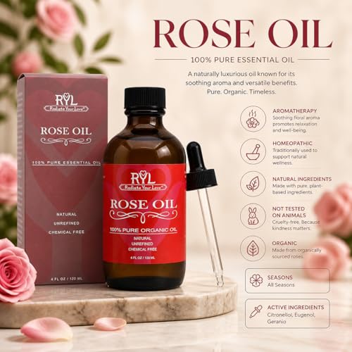 Rose Essential Oil Organic, Large 4 Fluid Ounce, 100% Pure - Product Imagery