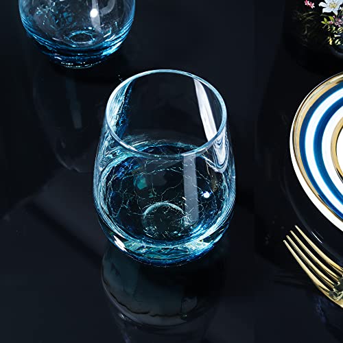 Joeyan Handmade Blue Stemless Crackle Wine Glasses Cups,Red Wine - Product Imagery