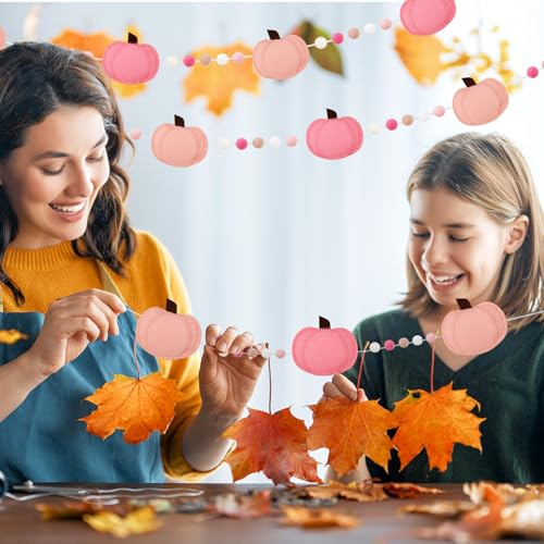 8.6FT Felt Pumpkin Garland Fall Pom Pom Banner Decorations, - Product Imagery