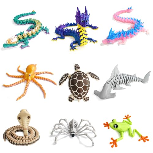 9 Pcs 3D Printed Animals & Dragon Figurine Set (Multicolor - Product Imagery