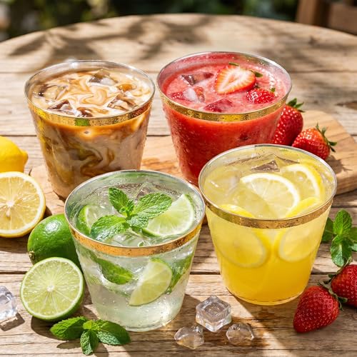 I00000 200 Pack Gold Plastic Cups, 9 OZ Elegant Gold Rimmed - Product Imagery