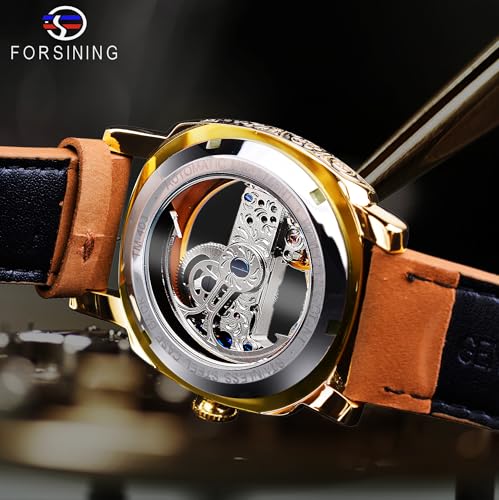 FORSINING Men's Luxury Square Carving Mechanical Watch, Retro - Product Imagery
