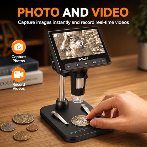 Elikliv Coin Microscope, 4.3'' LCD Digital Microscope 1000x - Product Imagery
