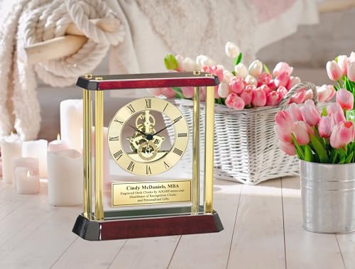 Desk Clock Brass Pillar Gold Engraved Anniversary Retirement - Product Imagery