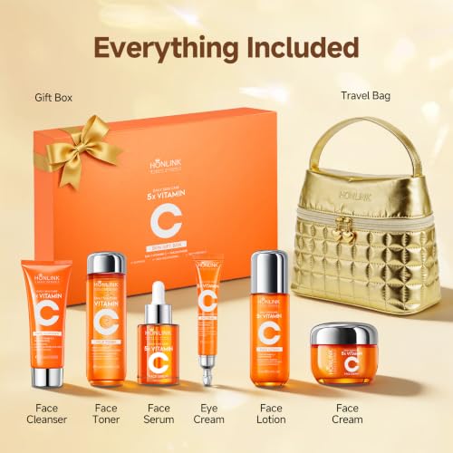 Vitamin C Skincare Gift Set Bundle + Gold Cosmetic Bag for Her - Product Imagery