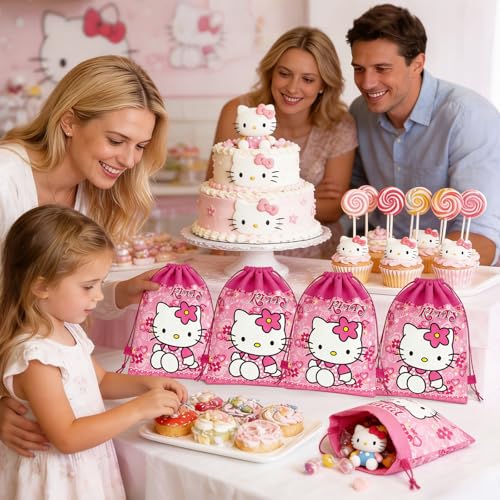 12 Pcs Kitty Drawstring Bag Set, Kitty Birthday party supplies, - Product Imagery