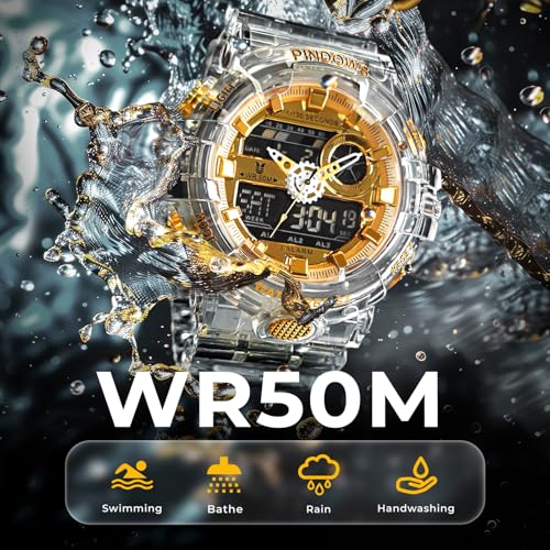 PINDOWS Analog Digital Watch for Men, Clear and Gold, 50M Water - Product Imagery