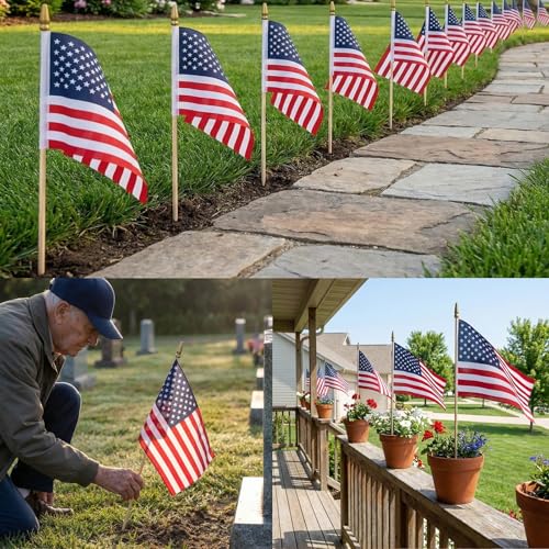 30 Packs 8x12 Inch Small American Flags on Stick, USA Wood Stick - Product Imagery