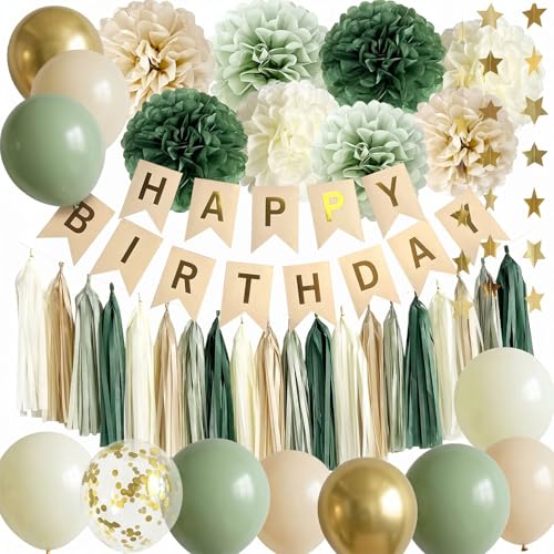ANSOMO Sage Green Happy Birthday Party Decorations Retro Green - Product Imagery