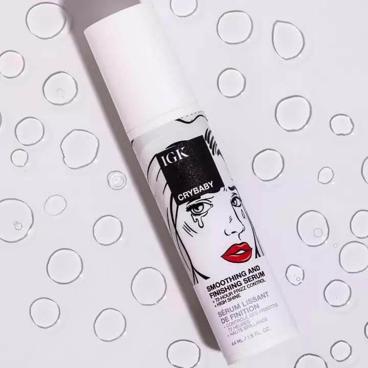 Elefair IGK Crybaby Smoothing & Finishing Serum bottle with high shine and frizz control for smooth, glossy hair.