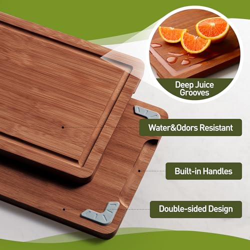 3 Packs Bamboo Cutting Board Set with Non Slip Feet and Over - Product Imagery