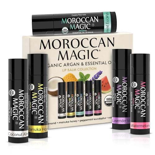 Moroccan Magic Organic Lip Balm 5 Piece Variety Pack Gift Set | Ultra-Hydrating Argan & Essential Oil Lip Moisturizer + Vitamin E | Smooth | Natural | Non-Toxic | Cruelty Free | 5 Pack - Moroccan Magic Official Product View 1