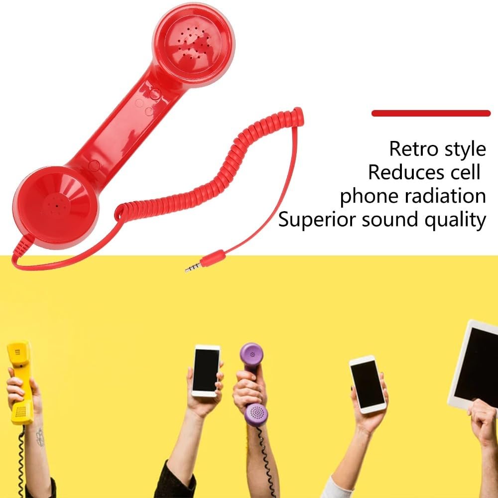 Red MOPFOL retro phone handset with coiled cord, 3.5mm jack, anti-radiation design, vintage style headphone for smartphones and computers.