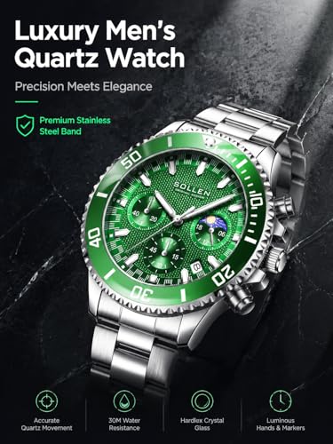 Green Men's Chronograph Watch, Dress Classic Analog Moon Phase - Product Imagery
