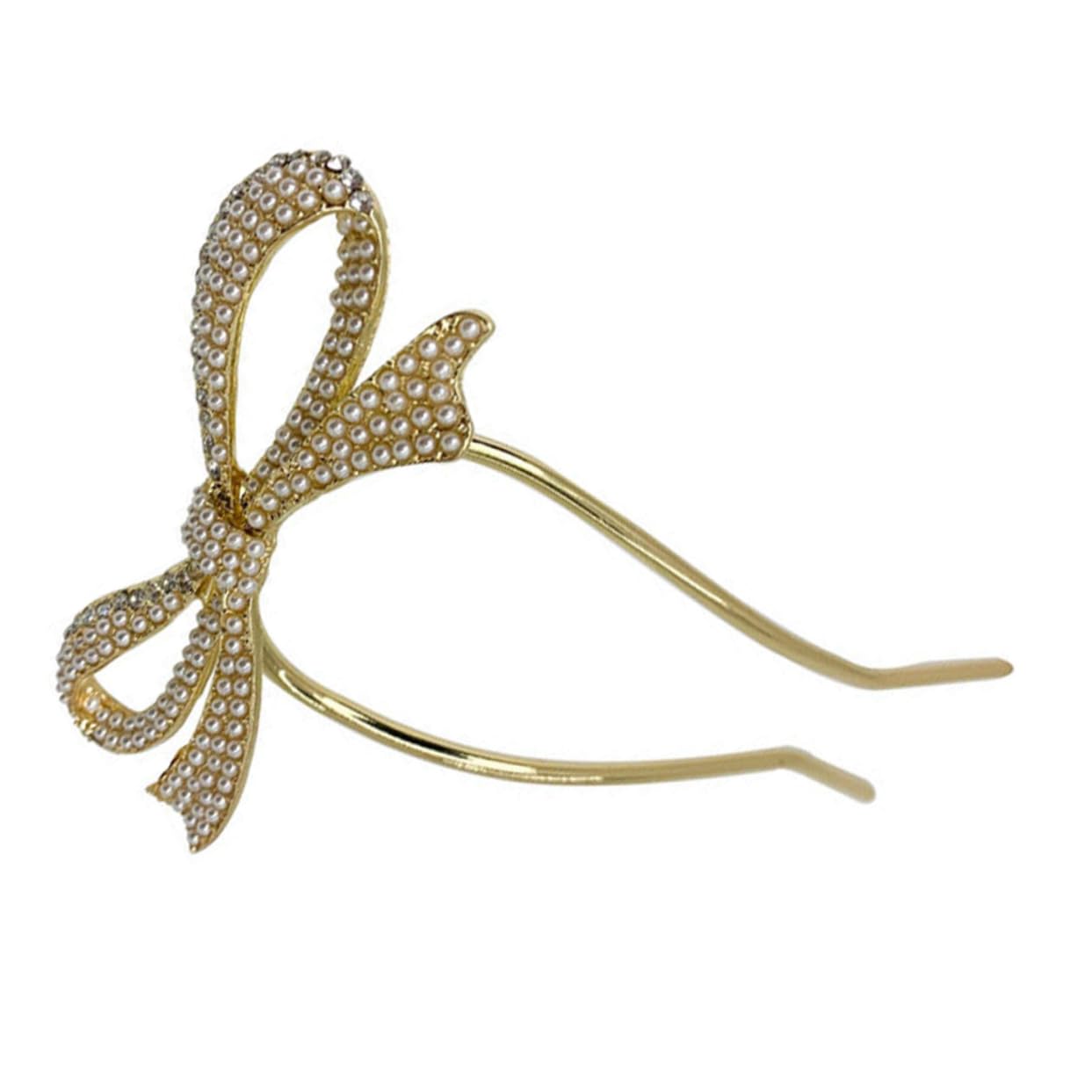 Happyyami gold pearl bridal hairpin with bow design, elegant wedding hair clip for special occasion hairstyles.