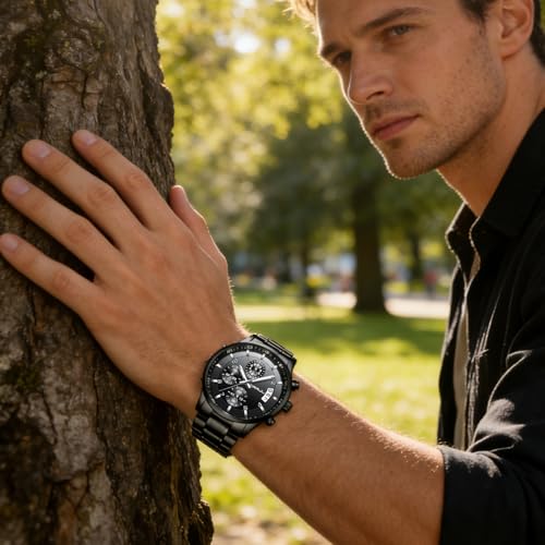 CRRJU Men's Fashion Stainless Steel Black Waterproof Quartz - Product Imagery