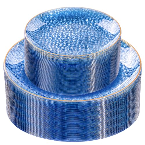 60Pcs Clear Blue Plastic Plates, Hammered Blue Plates, Clear - Product Imagery
