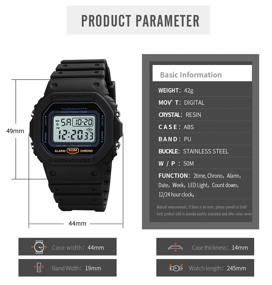 PASOY Digital Watch for Men and Women, Dual Time, 50M Water - Product Imagery