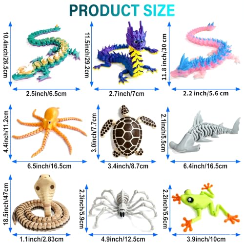 9 Pcs 3D Printed Animals & Dragon Figurine Set (Multicolor - Product Imagery