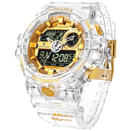 PINDOWS Analog Digital Watch for Men, Clear and Gold, 50M Water - Product Imagery