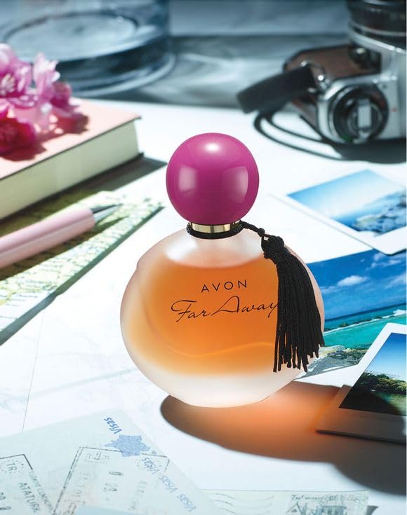 AVON Far Away Eau de Parfum for Women featuring amber floral scent and elegant bottle design.