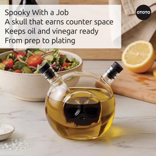 OTOTO 2-in-1 Glass Oil and Vinegar Cruet - Skull Oil Dispenser - Product Imagery