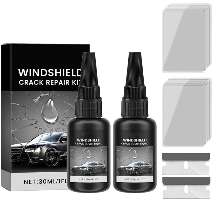 KEBEGE windshield crack repair kit with tools for quick DIY glass repair, featuring an upgraded design for effective crack fixing.