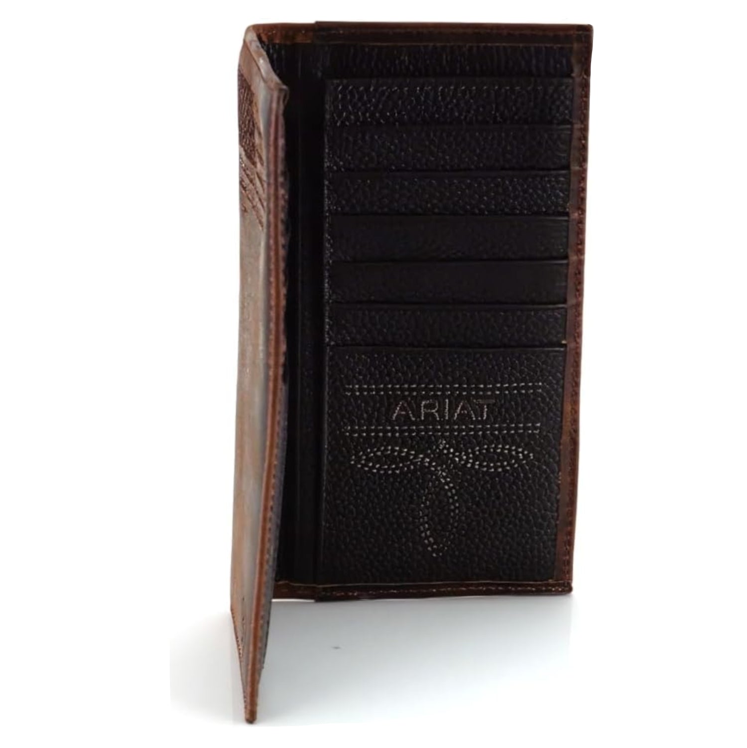 Brown genuine leather ARIAT men's rodeo wallet featuring distressed USA flag design and shield logo.