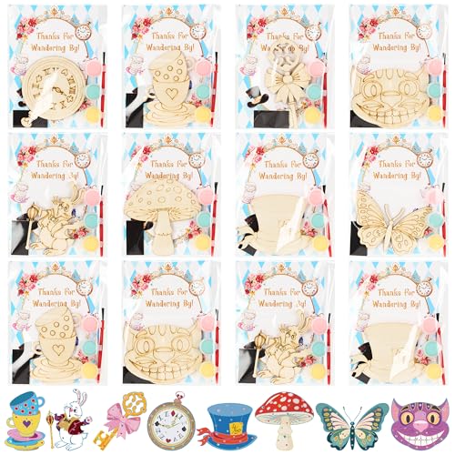24 Pcs Alice Party Favors, DIY Wooden Painting Crafts Kit with - Product Imagery