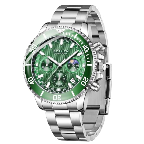 Green Men's Chronograph Watch, Dress Classic Analog Moon Phase - Product Imagery