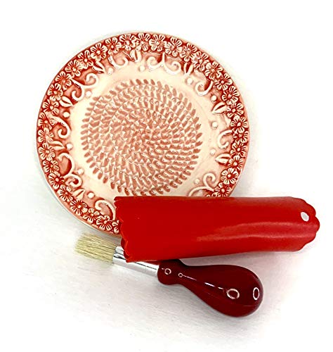 Premium Ceramic Garlic Grater Plate Set - Red Embossed - Product Imagery