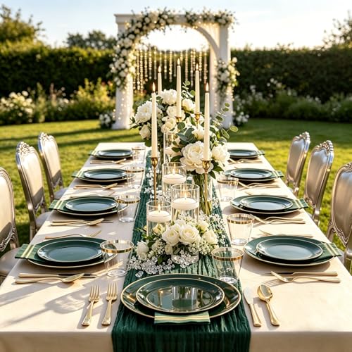 350PCS Green Plastic Plates - Disposable Green Gold Dinnerware - Product Imagery