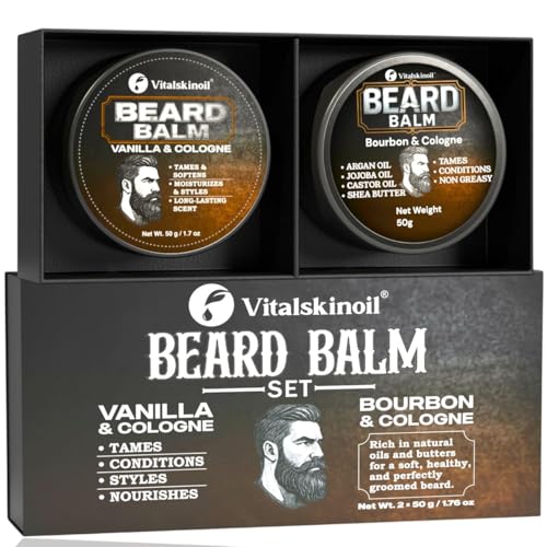 Beard Balm Set for Men Sandalwood Cologne Scented 2 Pack Set - VITALSKINOIL Official Imagery - 1
