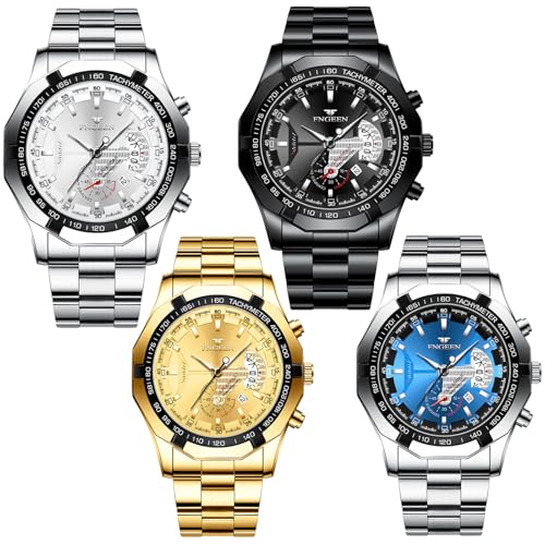 4 Pack Men's Stainless Steel Watches Waterproof Date Luminous - Product Imagery