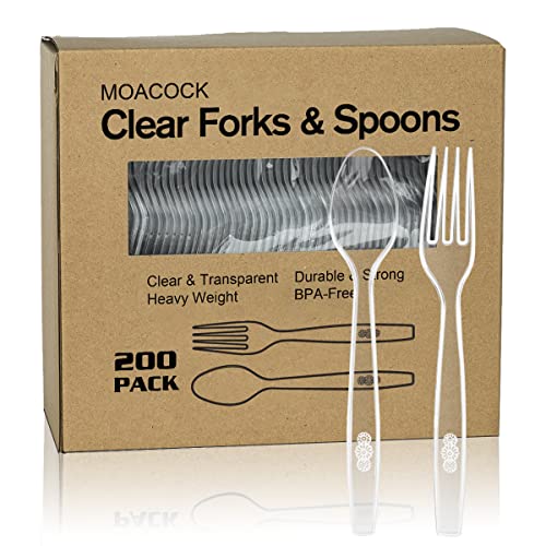MOACOCK 200 Count Heavy Weight Clear Plastic Forks and Spoons - Product Imagery