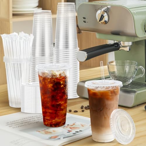 Lamosi 100 Pack 20 oz Plastic Coffee Cups with Lids, Disposable - Product Imagery