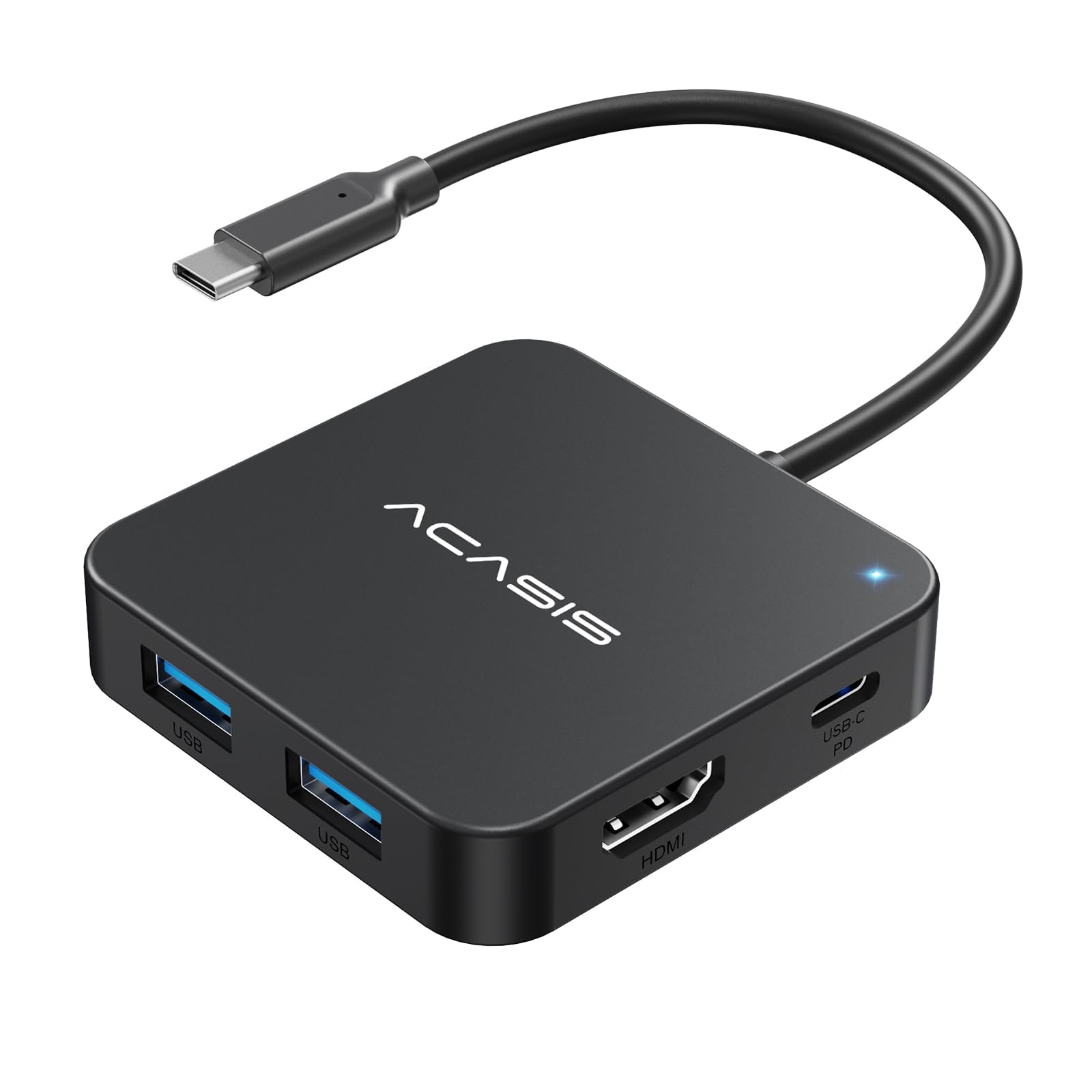 ACASIS USB C hub with 4K HDMI and multiple ports, connected to a laptop, showcasing high-speed data transfer and video output capabilities.