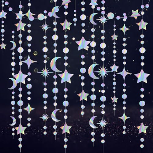 4 Pack Multi Iridescent Party Garland Star&Moon Holographic - Product Imagery