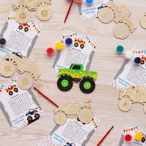 24 Pack Monster Truck Party Favors, DIY Wood Painting Craft Kit - Product Imagery