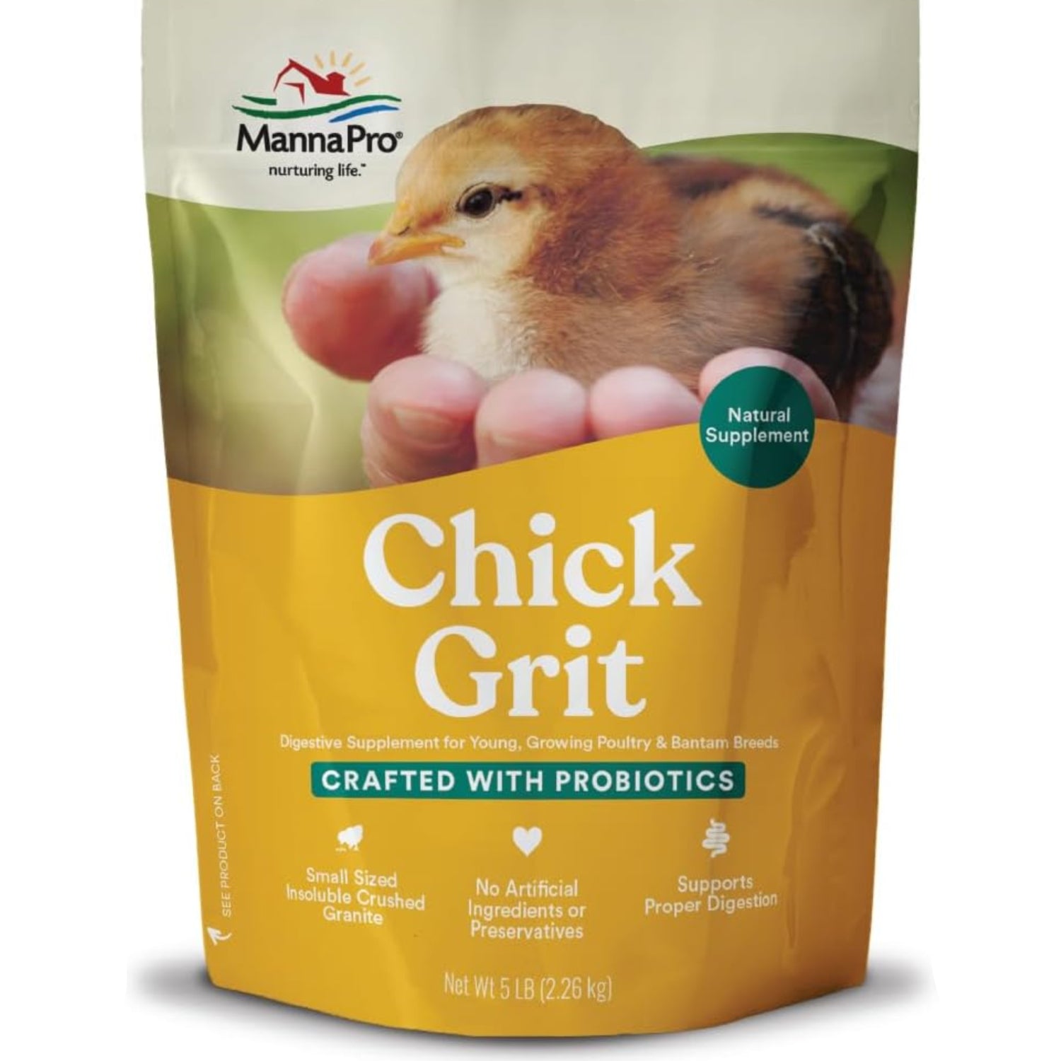 Manna Pro Chick Grit Digestive Supplement in 5 lbs for young poultry and bantams, showing the bag with grit product.